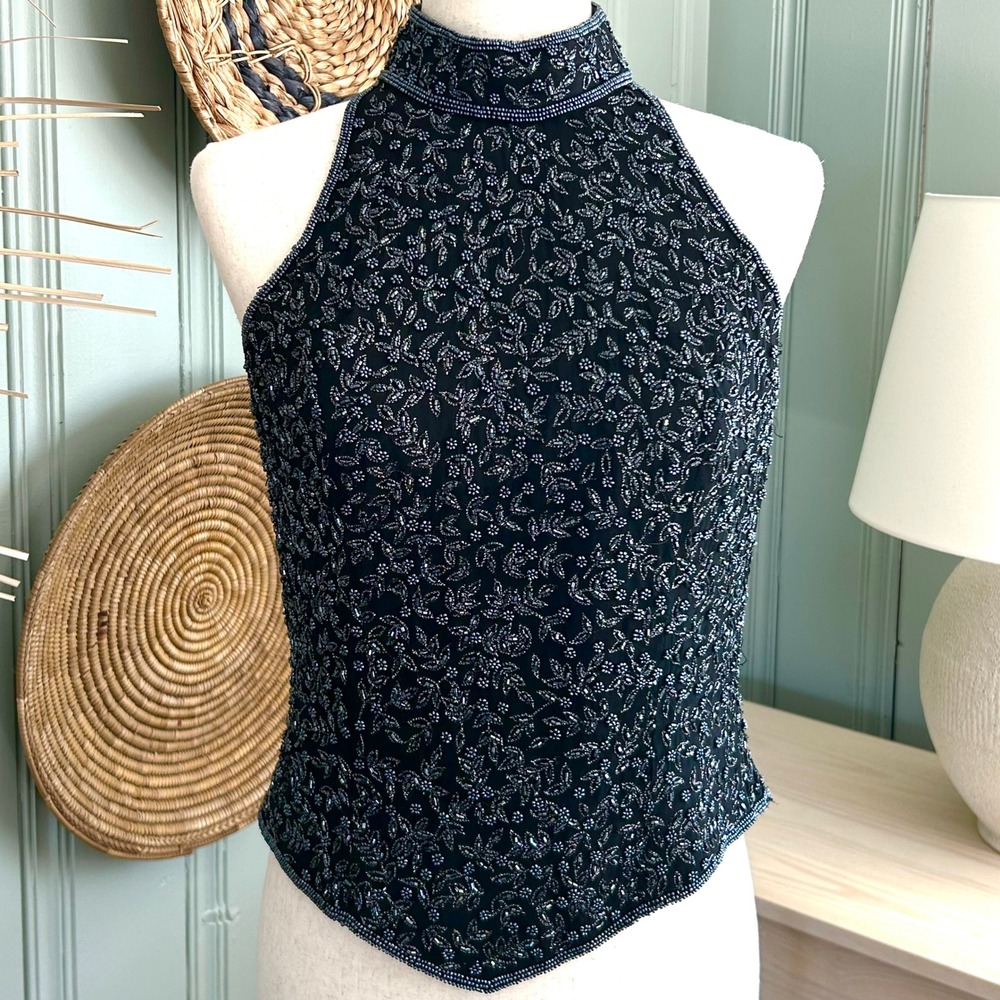 Papell Boutique Black Beaded Halter Neck Evening Top S Silk